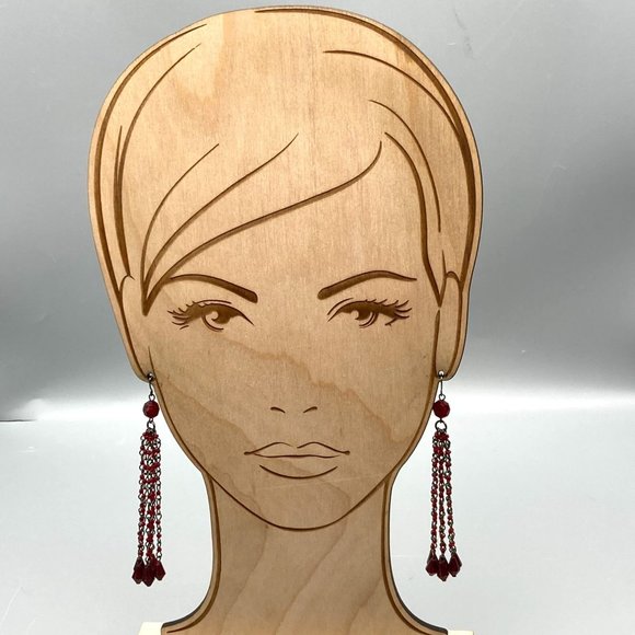 Vintage Black and Rich Red Shoulder Duster Earrings Gunmetal Gothic Dangle Chain - Picture 3 of 5